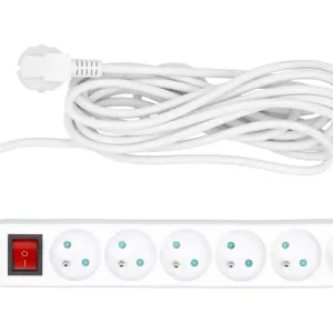 Szybka wysyłka PRZEDŁUŻACZ ELEKTRYCZNY, BIAŁY, 6 GNIAZD Z UZIEMIENIEM, 5M Z WYŁĄCZNIKIEM